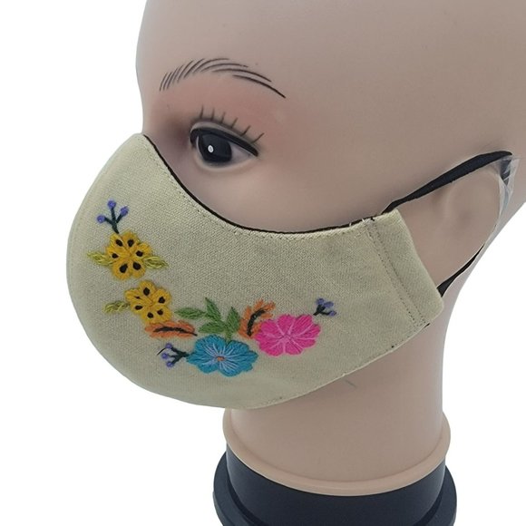New Face cover ear loop Cream Mask Women's Embroidered handmade forest flowers - Picture 1 of 6
